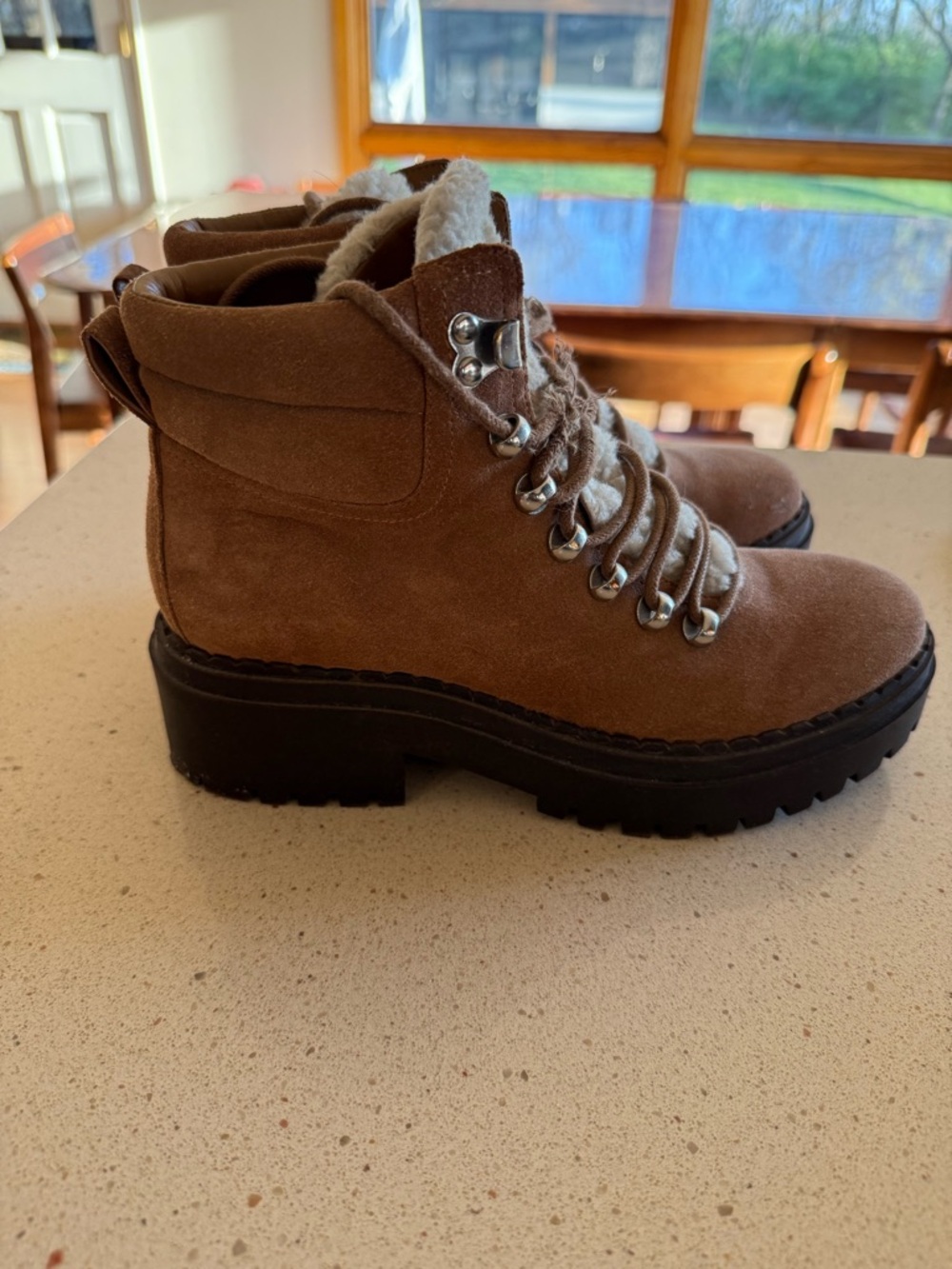 Marc Fisher Tan Suede Lace-Up Shearling Hiking Boots